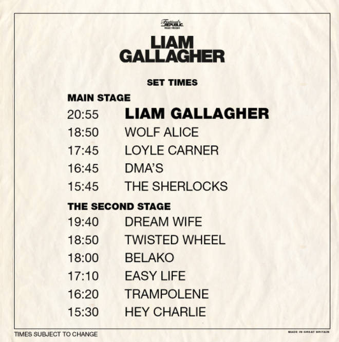Liam Gallagher at Finsbury Park stage times for 29 June 2018