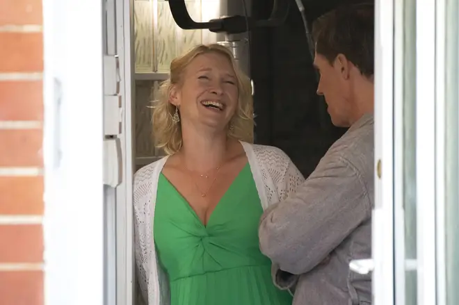 oanna Page, who plays Stacey Shipman, is seen laughing with Rob Brydon (R) during filming for the Gavin and Stacey Christmas special on Trinity Street on July 12, 2019 in Barry, Wales