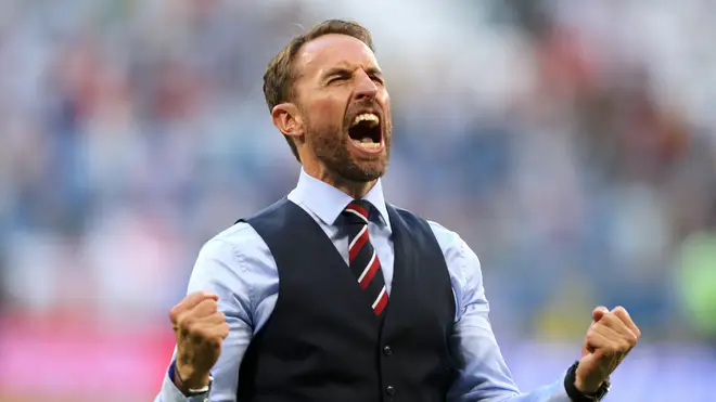 England manager Gareth Southgate celebrates England's victory after the FIFA World Cup Quarter Final