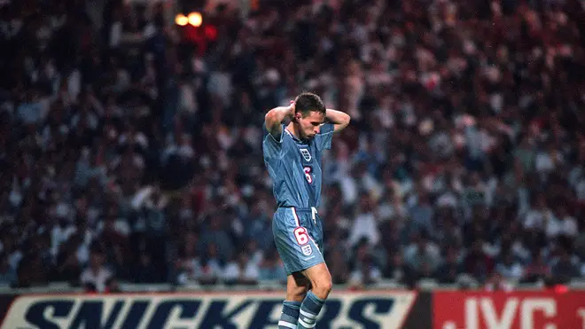 Gareth Southgate after he missed a penalty during England's match against Germany in the Euro '96 semi-final