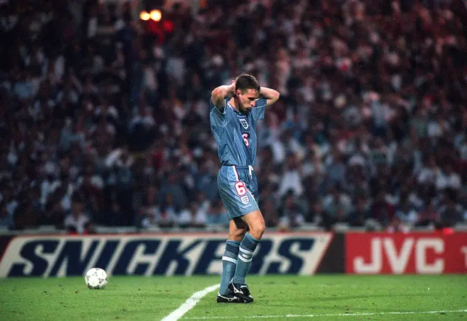 Gareth Southgate dejected after failing to score in the penalty shoot out which ended England's Euro '96 bid