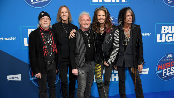 Aerosmith's Brad Whitford, Tom Hamilton, Joey Kramer, Steven Tyler, and Joe Perry