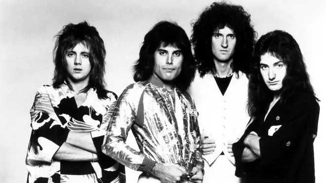 Queen:  Roger Taylor, Freddie Mercury, Brian May and John Deacon pose for an Electra Records publicity still to promote their tour of Japan in 1975.