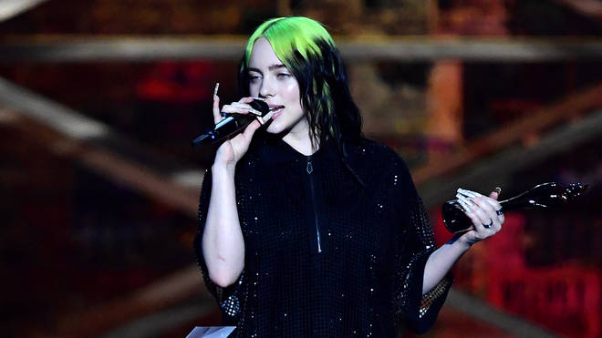 Billie Eilish accepts the International Female Solo Artist award during The BRIT Awards 2020 at The O2 Arena on February 18, 2020