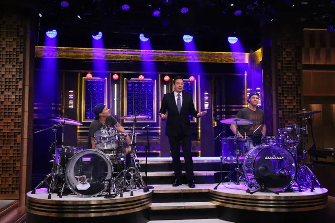 Chad Smith and Will Ferrell prepare for the drum-off