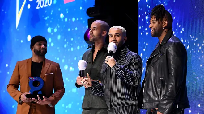 JLS (Oritse Williams, Marvin Humes, Aston Merrygold and JB Gill) on stage at the Global Awards 2020 with Very.co.uk at London's Eventim Apollo Hammersmith.