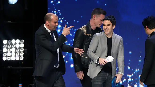 Stereophonics accept the award from Johnny Vaughan and Chris Moyles for Best Indie on stage at the Global Awards 2020 with Very.co.uk at London's Eventim Apollo Hammersmith.