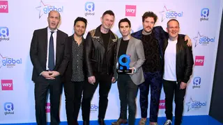 Johnny Vaughan, Chris Moyles, Jamie Morrison, Adam Zindani, Kelly Jones and Richard Jones of Stereophonics with the Best Indie Act Award during The Global Awards 2020 at Eventim Apollo, Hammersmith on March 05, 2020