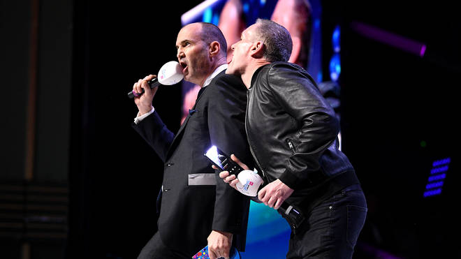 Presenters Johnny Vaughan (left) and Chris Moyles on stage at the Global Awards 2020 with Very.co.uk at London's Eventim Apollo Hammersmith.