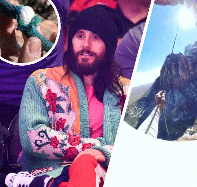 Jared Leto, with his rock climbing fall and worn rope inset