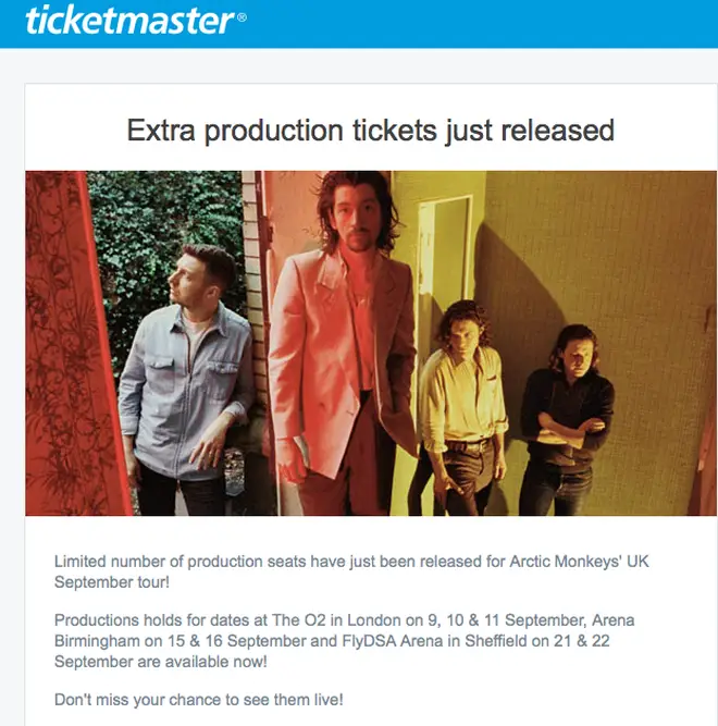 Ticketmaster email for Arctic Monkeys production tickets