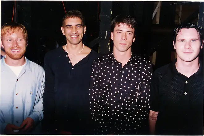 Foo Fighters Mark 1 at the 1996 MTV Awards: Nate Mendel, Pat Smear, Dave Grohl and William Goldsmith