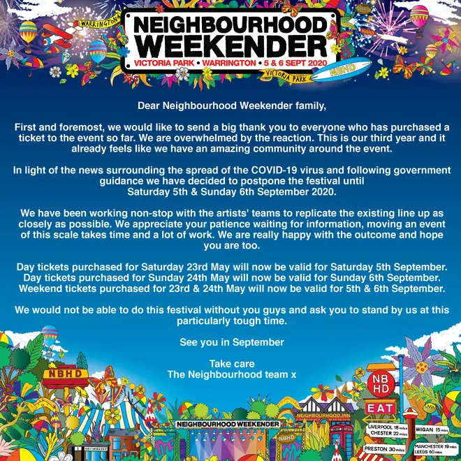 Neighbourhood Weekender release official statement on 2020 postponement