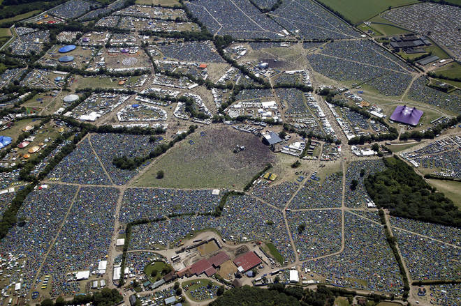 Glastonbury festival from the air in 2004