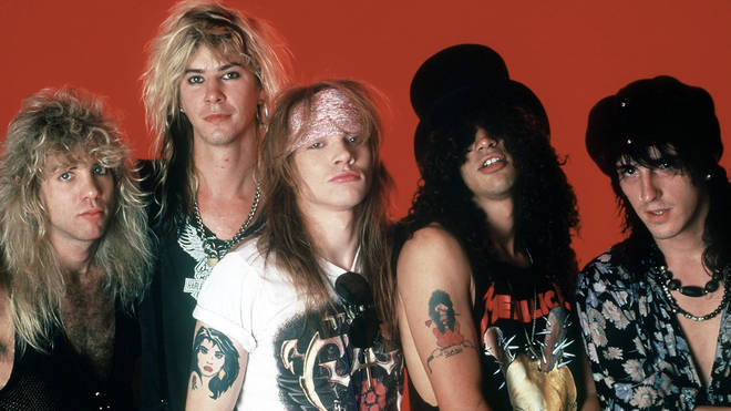 Guns N' Roses classic line-up of Drummer Steven Adler, Duff McKagan, frontman Axl Rose, guitarist Slash and guitarist Izzy Stradlin