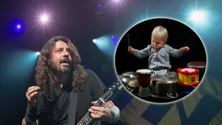 Dave Grohl with stock image of drumming infant inset