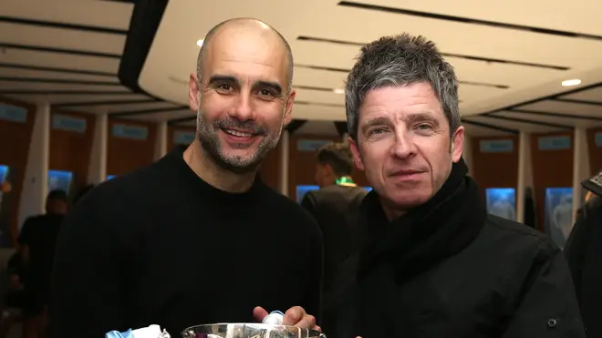 Noel Gallagher and Pep Guardiola at Wembley Stadium after Man City's victory in the Carabao Cup Final against Aston Villa
