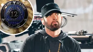 Eminem at the 2020 GRAMMYs with his 12 year sobriety coin inset