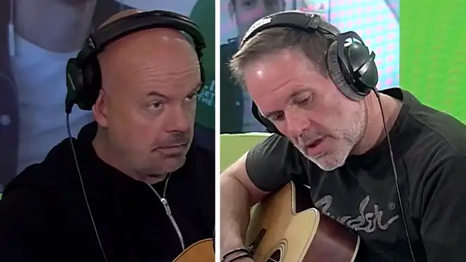 Dominic Byrne teaches Chris Moyles how to play the guitar in Dom's Big Slot