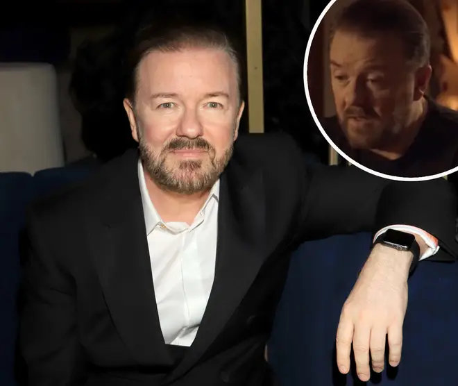Ricky Gervais at the Golden Globes 2020 with screengrab of him in Netflix's After Life inset