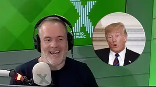 Chris Moyles with Donald Us President Donald Trump inset