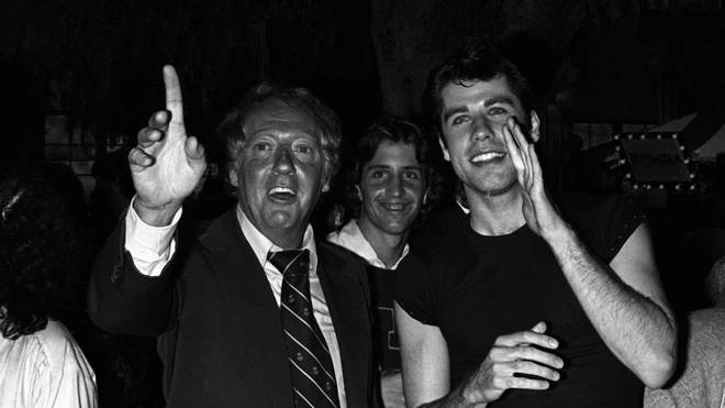 Robert Stigwood and John Travolta at the Grease party at Paramount Studios ,1978