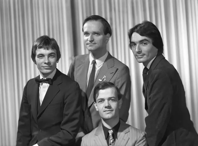 Kraftwerk in 1977: Florian Schneider is at the rear, Karl Bartos, Ralf Hutter (front) and Wolfgang Flur