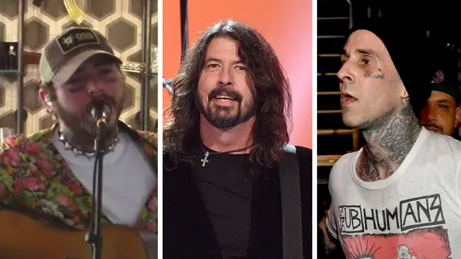 Post Malone during his Nirvana tribute livestream, Foo Fighters' Dave Grohl and Blink 182 drummer Travis Barker