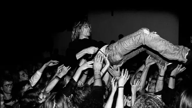 Kurt Cobain crowd surfs during a Nirvana show in Frankfurt, 12 November 1991