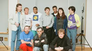 Some of New Order (and Tony Wilson) recording World In Motion with some of the 1990 England squad: Steve McMahon, Chris Waddle, Peter Beardsley, John Barnes and Des Walker