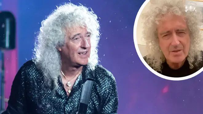 Queen's Brian May performs in 2020 with image of the guitarist inset