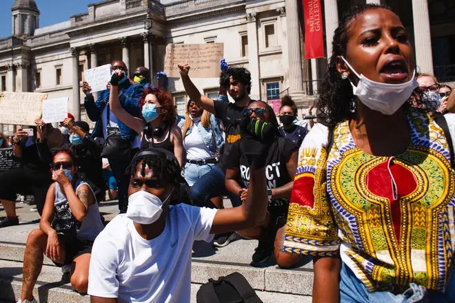 Activists gathered chanting slogans at Trafalgar Square, 31 May 2020