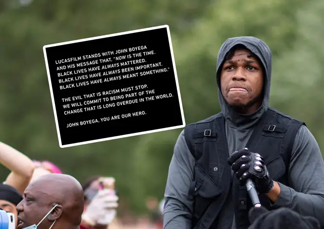 John Boyega at the Black Lives Matter demonstrations in London with LucasFilm's statement inset