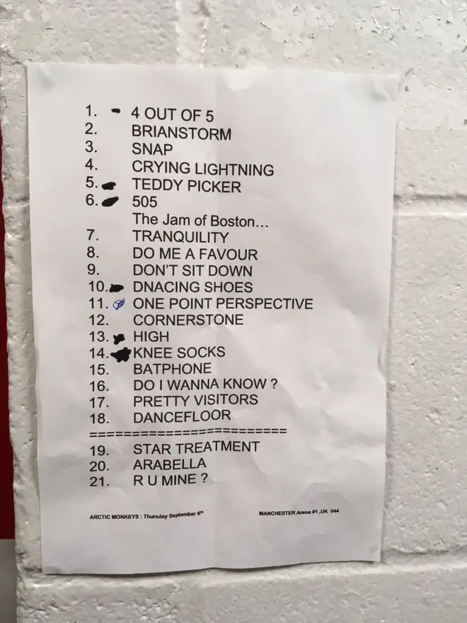 An image of Arctic Monkeys' setlist for their Manchester Arena show on 6 September 2018