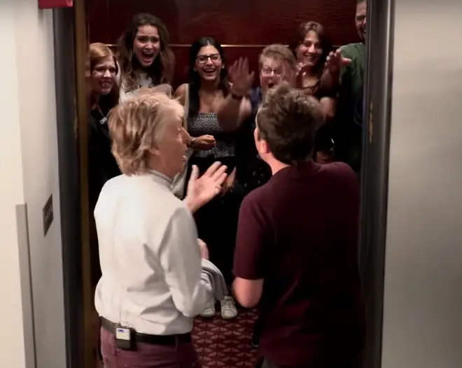 Sir Paul McCartney and Jimmy Fallon surprise people in a lift