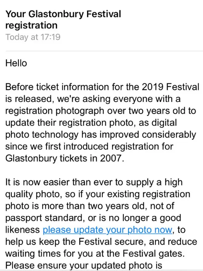 Glastonbury Festival registration email
