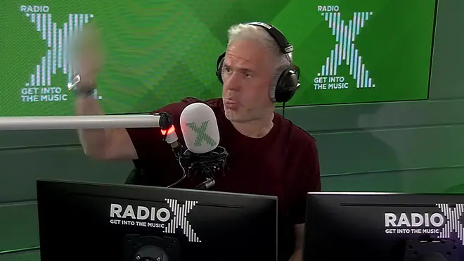 Chris Moyles reacts as the wrong jingle gets played out on Radio X