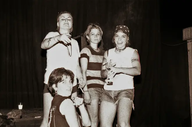 Members of 7 Year Bitch Roisin Dunne, vocalist Selene Vigil, drummer Valerie Agnew and bassist Elizabeth Davis (seated) in 1993