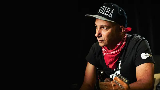Tom Morello photographed backstage before a live solo performance at Ashton Gate Stadium in Bristol, England on June 5, 2019