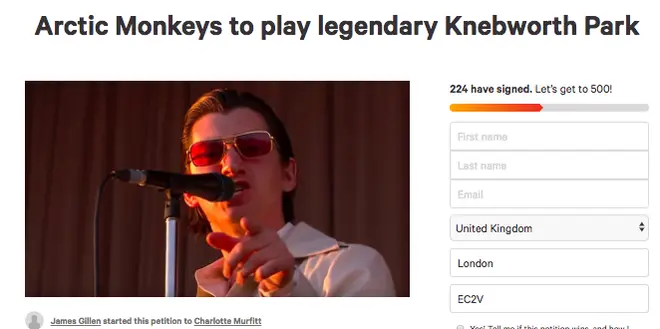 A change.org petition to get Arctic Monkeys to play Knebworth