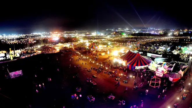 A view of the Glastonbury Festival site at night, June 2015