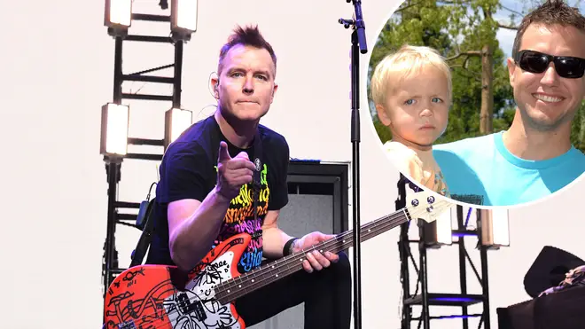 Mark Hoppus performing in 2020 and Mark Hoppus and his son in 2005