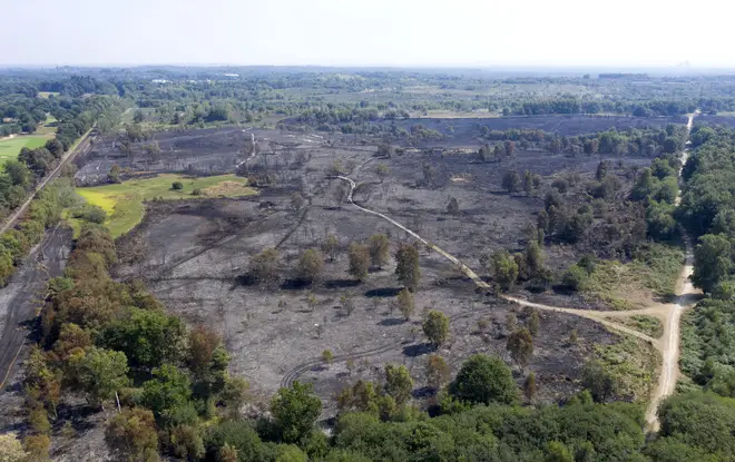 An aerial view of the aftermath of a fire on Chobham Common on August 9 in Surrey.