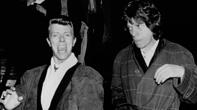 David Bowie and Mick Jagger papped on November 28, 1985 at the China Club in New York City.