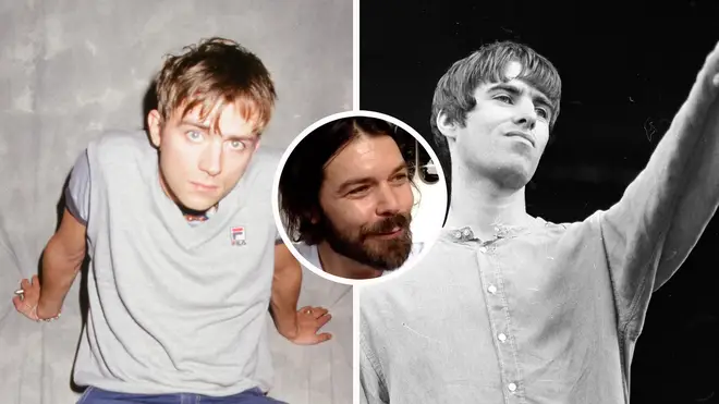 Blur's Damon Albarn in 1995, Oasis' Liam Gallagher in 1995 with Biffy Clyro's Simon Neil inset