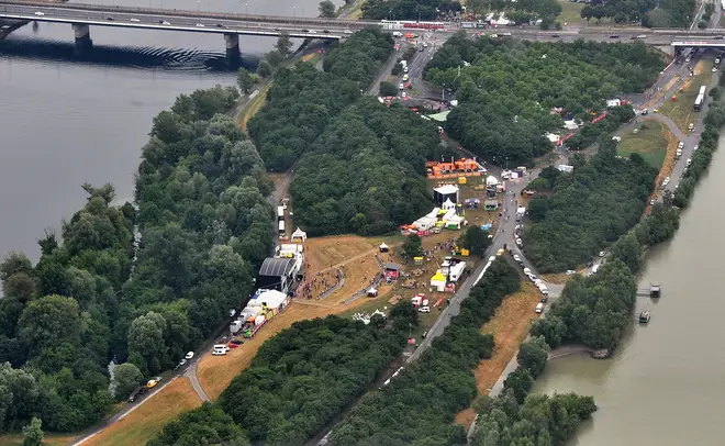 An aerial view of the the FM4 Planet stage at Donauinselfest DIF 2015 on June 27, 2015 in Vienna, Austria.