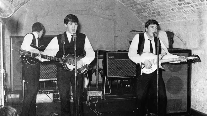 The Beatles onstage at the original Cavern Club at 10 Mathew Street in August 1962