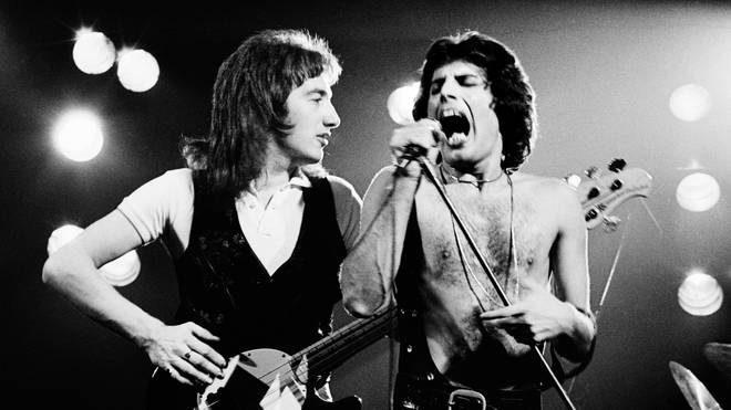John Deacon and Freddie Mercury onstage at Earls Court, London on 6 June 1977