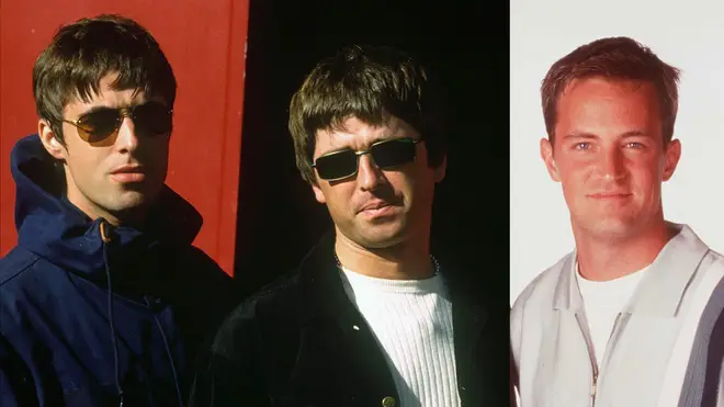 Oasis rockers Liam Gallagher, Noel Gallagher and Friends star Matthew Perry in 1997