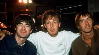 Noel Gallagher, Paul McCartney and Paul Weller recording for the HELP album, September 1995